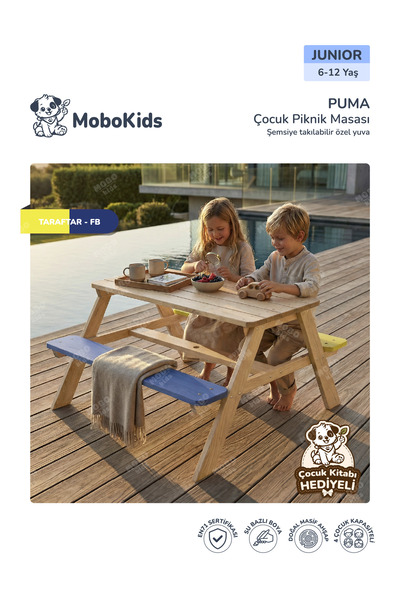 mobokids Çocuk Piknik Bankı Puma Masif Ahşap 4 kişilik Junior 6 - 12 Yaş Tara...