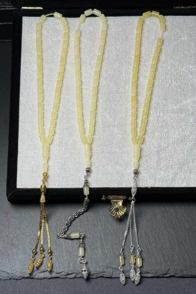 TESBİHKENTİ Set of 3 Wrist Length Silver Tasseled Rock Drop Amber Prayer Beads