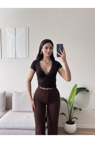 Zoom Butik Bel Bağlamalı V Yaka Dantel Crop - KAHVE