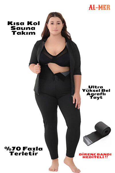 İNCEYAŞAM Yüksek Bel Agraflı Sauna Tayt & Fermuarlı Kısa Kollu Body Sauna Ter...