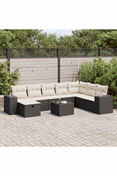 vidaxl Set mobilier de gradina cu perne, 9 piese, negru, poliratan