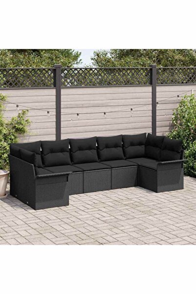 vidaxl Set de canapele pentru gradina cu perna 7 pcs Negru poliratan