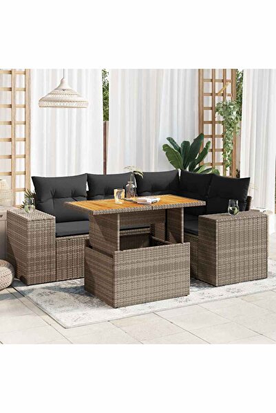 vidaxl Set canapea de gradina cu perne, 5 piese, gri, poliratan
