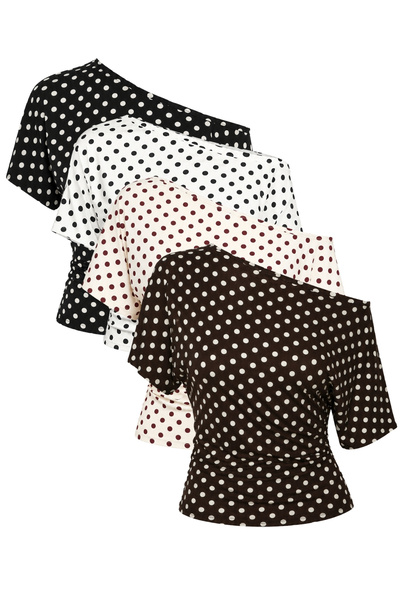 Bianco Lucci Women's Polka Dot Patterned Asymmetrical Cut Fitted Waist Bat Sl...