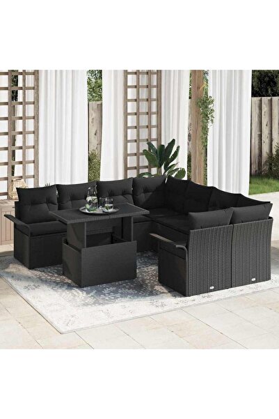 vidaxl Set de canapele pentru gradina cu perna 9 pcs Negru Poli Rattan