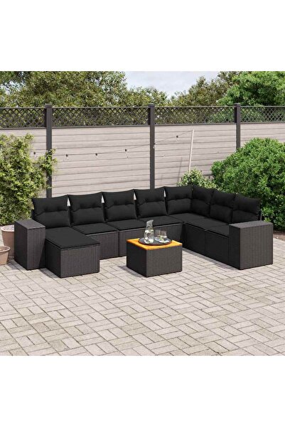 vidaxl Set mobilier de gradina cu perne, 9 piese, negru, poliratan