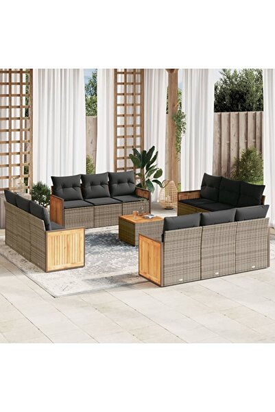 vidaxl Set mobilier de gradina cu perne, 13 piese, gri, poliratan