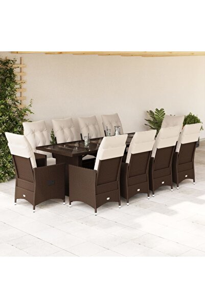 vidaxl Set bistro de gradina cu perne, 11 piese, maro, poliratan