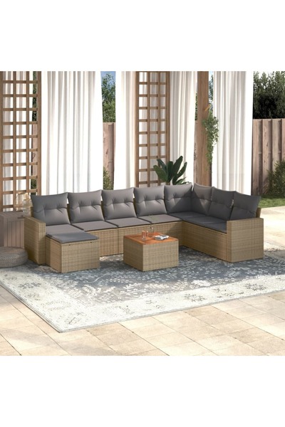 vidaxl Set canapele de gradina, 9 piese, cu perne, bej, poliratan