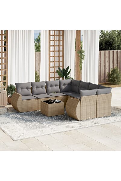 vidaxl Set canapele de gradina, 9 piese, cu perne, bej, poliratan