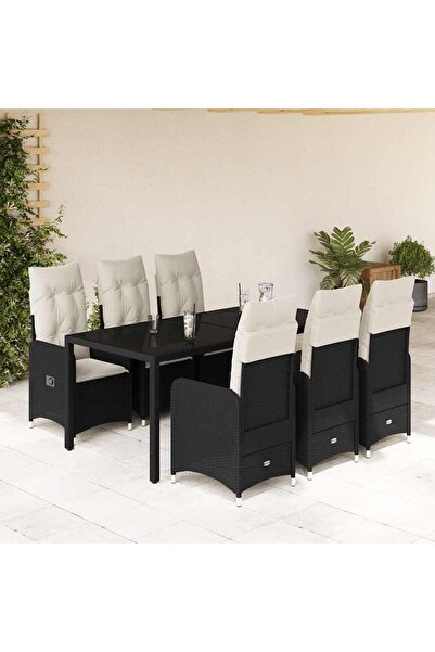 vidaxl Set bistro de gradina, 7 piese, cu perne, negru, poliratan