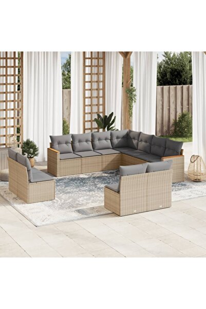 vidaxl Set canapele de gradina, 11 piese, cu perne, bej, poliratan