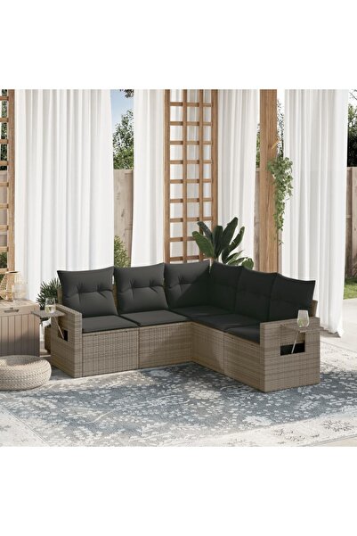 vidaxl Set canapea de gradina cu perne, 5 piese, gri, poliratan