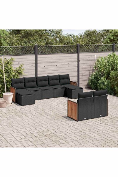 vidaxl Set mobilier de gradina cu perne, 9 piese, negru, poliratan
