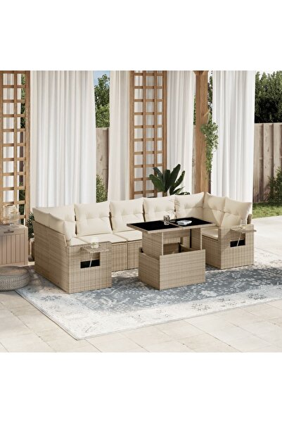 vidaxl Set canapele de gradina, 8 piese, cu perne, bej, poliratan