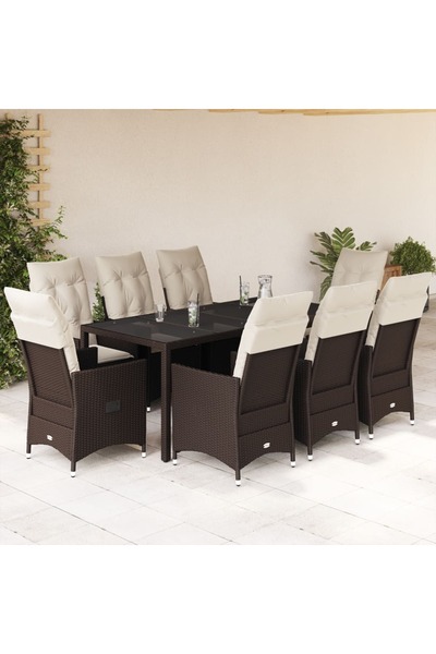 vidaxl Set mobilier de gradina cu perne, 9 piese, maro, poliratan