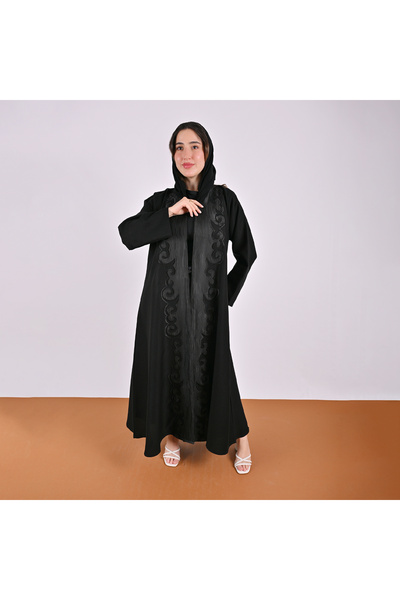 HAWRAA ABAYA Black Wrap Abaya with Soft Design and Embossed Jacquard Interlac...