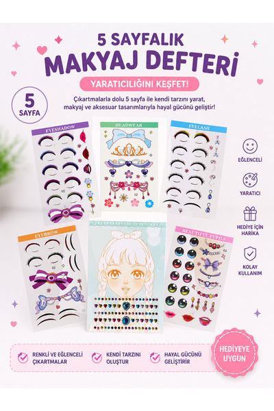 Luxmon Makyaj Sticker Defteri 5 Sayfalık Çocuklar İçin Yüz Tasarım ve Çıkartm...