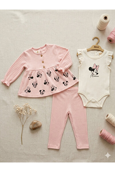 DECO %100 Pamuklu Kız Bebek Pembe Minnie Mouse Baskılı Jileli Ribana 3'lü Takım