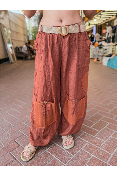 Miss Boheme Brick Red Italian Linen Trousers with Arched Mesh Detail and Elas...