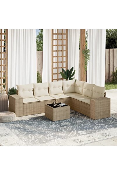 vidaxl Garden sofa set, 7 pieces, with cushions, beige, polyrattan