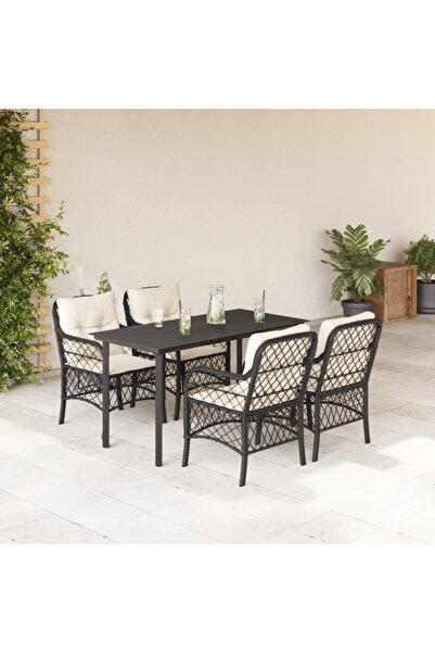 vidaxl Garden furniture set with cushions, 5 pieces, black, polyrattan