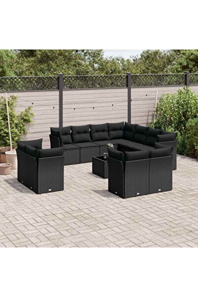 vidaxl Garden sofa set, 12 pieces, with cushions, black, polyrattan