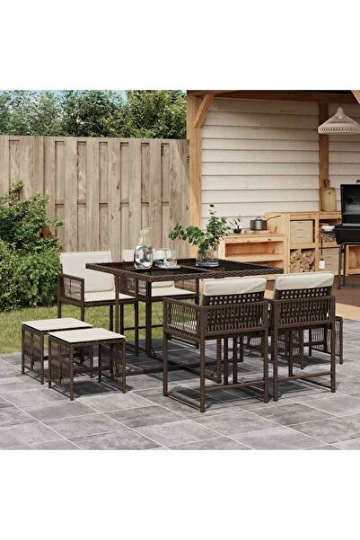 vidaxl Set mobilier de gradina cu perne, 9 piese, maro, poliratan