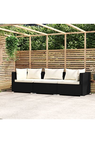vidaxl Canapea de gradina cu perne, 3 locuri, negru, poliratan