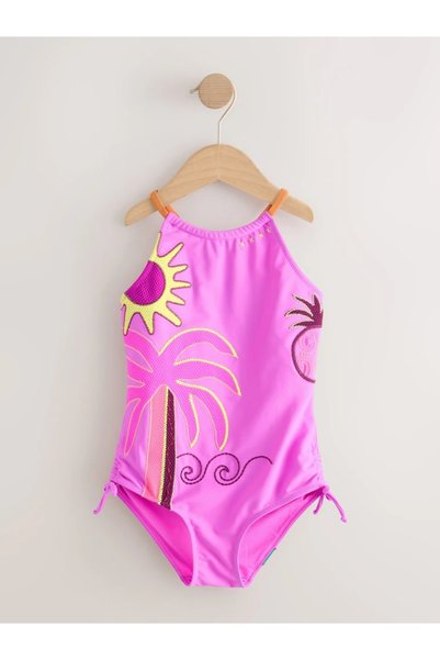 Next Baby Purple Palm Appliqué Strap Gathered Swimsuit