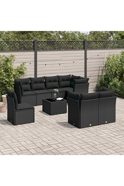 vidaxl Garden furniture set with cushions, 9 pieces, black, polyrattan