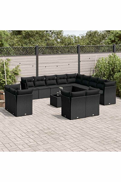 vidaxl Set mobilier de gradina cu perne, 14 piese, negru, poliratan