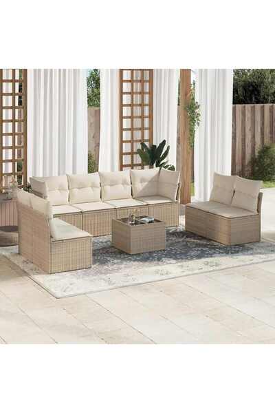 vidaxl Garden sofa set, 9 pieces, with cushions, beige, polyrattan
