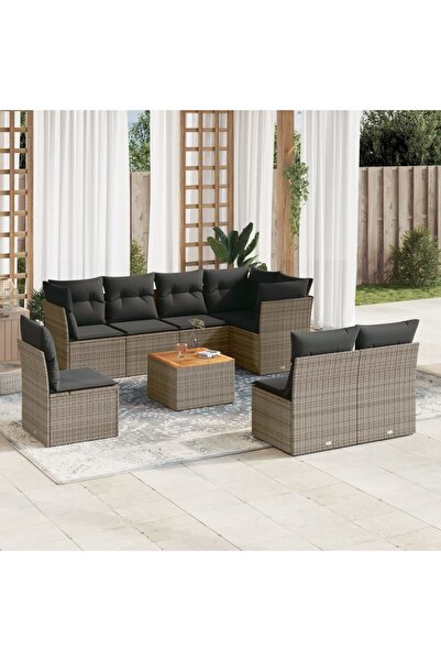 vidaxl Set canapele de gradina, 9 piese, cu perne, gri, poliratan