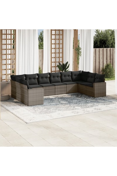 vidaxl Garden furniture set with cushions, 10 pieces, grey, polyrattan
