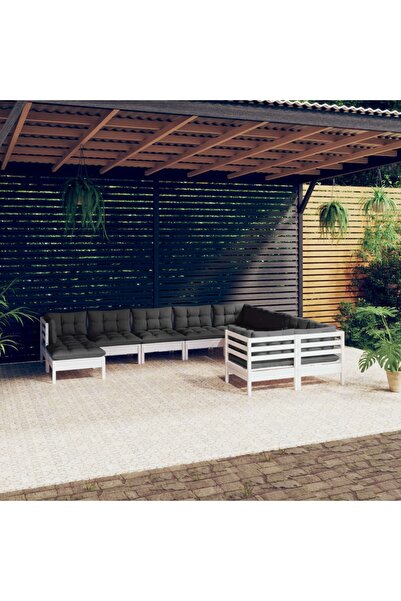 vidaxl Set mobilier gradina cu perne, 10 piese, alb, lemn de pin