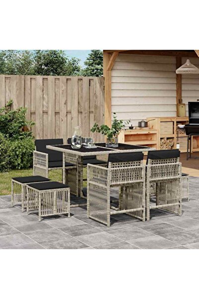vidaxl Set mobilier gradina cu perne, 9 piese, gri deschis, poliratan