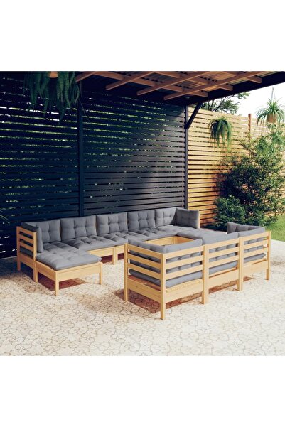 vidaxl Set mobilier gradina cu perne, 10 piese, gri, lemn masiv pin