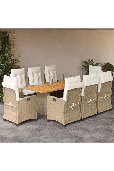 vidaxl Set de masa pentru gradina, 9 piese, cu perne, bej, poliratan