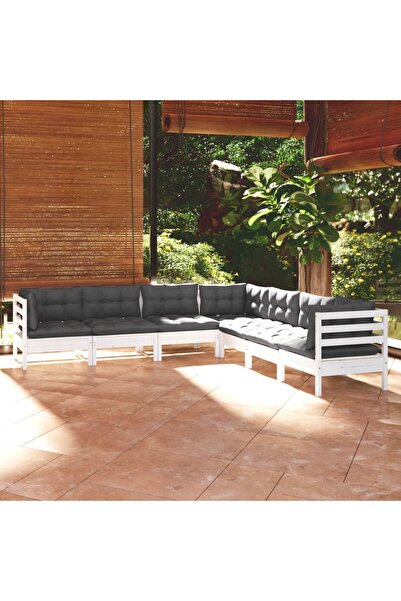 vidaxl Set mobilier gradina cu perne, 7 piese, alb, lemn masiv de pin
