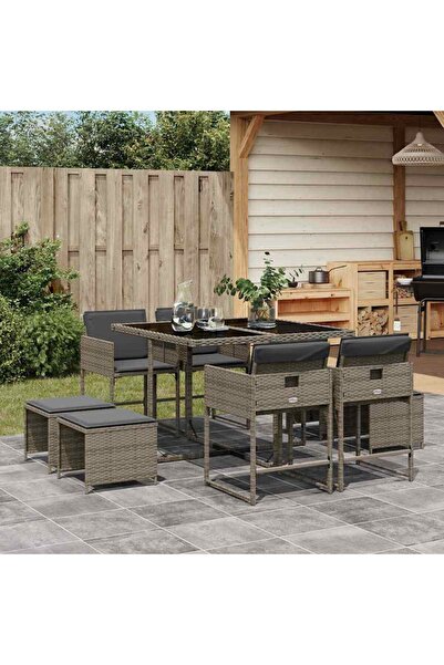 vidaxl Set mobilier gradina cu perne, 9 piese, gri, poliratan