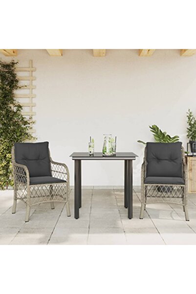 vidaxl Set bistro cu perne, 3 piese, gri deschis, poliratan