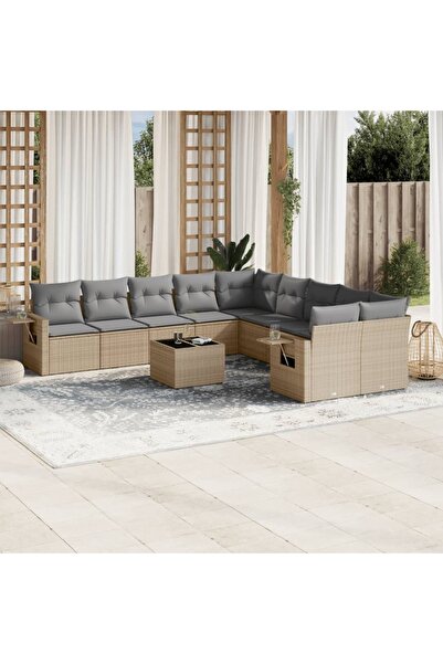 vidaxl Garden sofa set with cushions, 11 pieces, beige, polyrattan