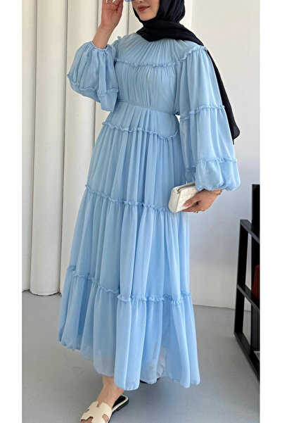 Butik Bebe Mavi Şifon Kumaş İçi Astarlı Belden Bağlamalı Yazlık Elbise Modelimiz