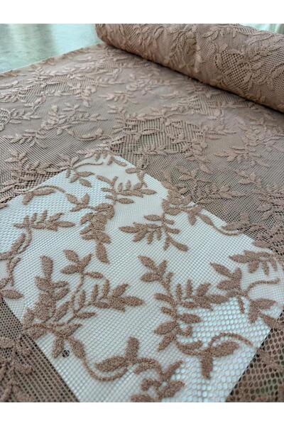 METERİAL Cinnamon/Mink Color Chenille Embroidered Leaf Pattern Lace - 135 cm ...