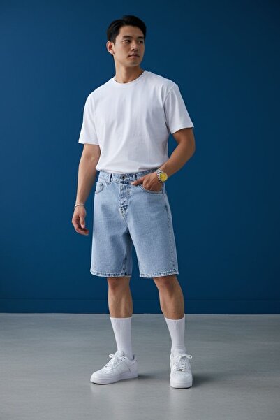 oraystore Pantaloni scurți din denim albastru pentru bărbați, croială normală...