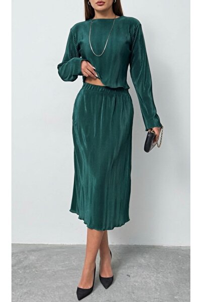 PELTEX Long Sleeve Midi Length Elastic Waist Pleated Satin Skirt Blouse Doubl...