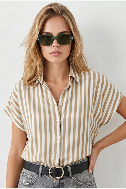 Olalook Women's Striped Beige Striped Bat Woven Viscose Shirt Gml-19001360