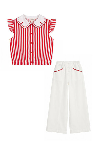 Patique Kids Girl's Red Striped Blouse-White Trousers Two-Piece Set