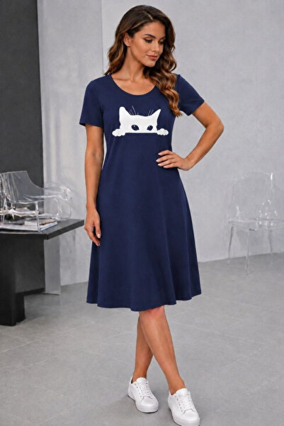 Viyamo New Season Women's Short Sleeve Crew Neck Cat Patterned Viscose Short ...